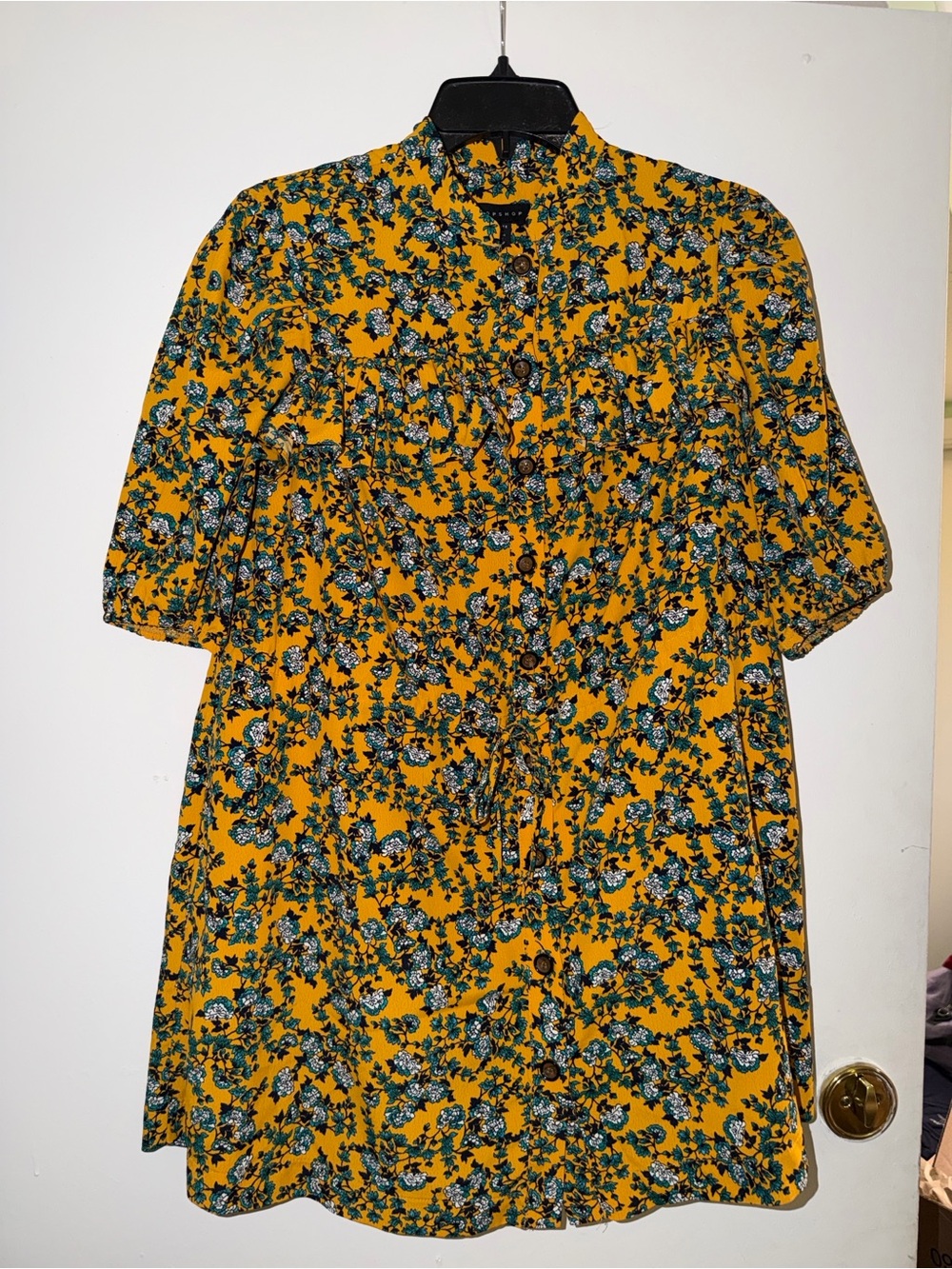 Topshop Petite Mustard Floral dress with Teal and Black Print